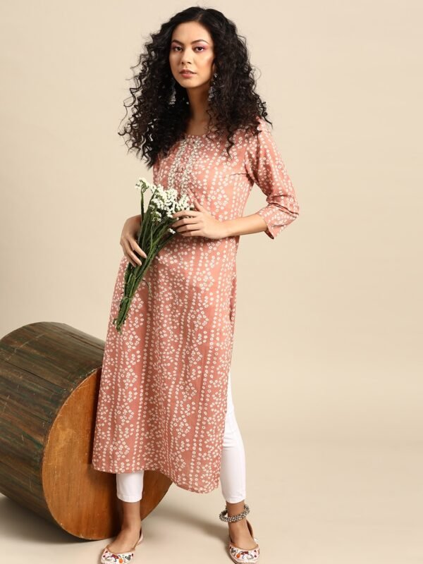 Women Peach-Coloured & White Bandhani Printed Pure Cotton Kurta