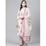 Women White Pink Pure Cotton Printed Kurta Trousers Dupatta