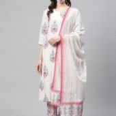 Women White Pink Pure Cotton Printed Kurta Trousers Dupatta
