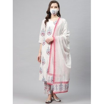 Women White Pink Pure Cotton Printed Kurta Trousers Dupatta