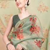 Olive Green & Red Floral Printed Organza Saree With Sequinned Blouse piece