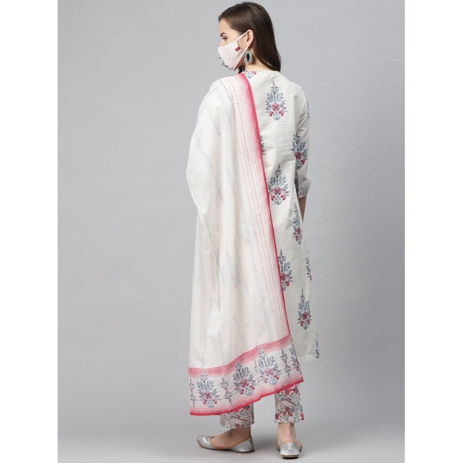Women White Pink Pure Cotton Printed Kurta Trousers Dupatta