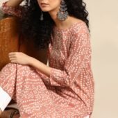 Women Peach-Coloured & White Bandhani Printed Pure Cotton Kurta
