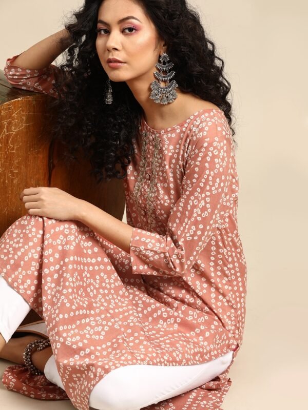 Women Peach-Coloured & White Bandhani Printed Pure Cotton Kurta