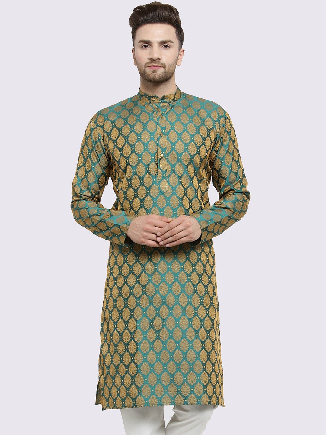 Men Green & Gold-Toned Woven Design Straight Kurta