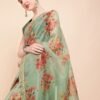 Olive Green & Red Floral Printed Organza Saree With Sequinned Blouse piece