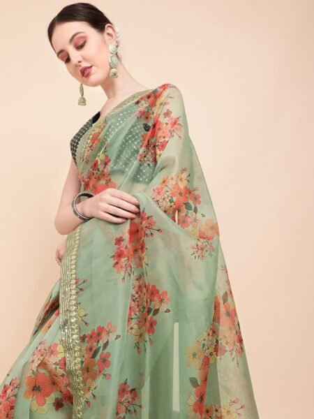 Olive Green & Red Floral Printed Organza Saree With Sequinned Blouse piece