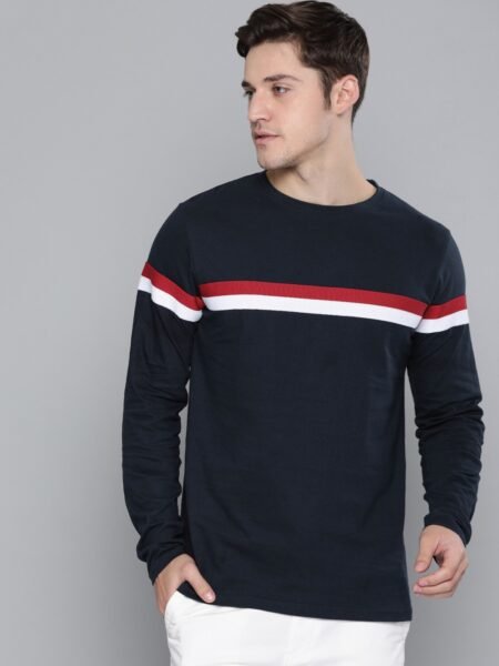 Men Navy Blue Red Striped Cotton Pure Cotton T-shirt