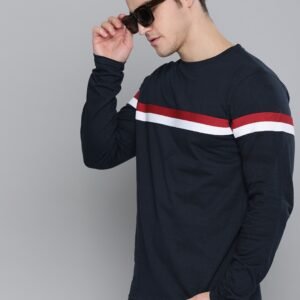 Men Navy Blue Red Striped Cotton Pure Cotton T-shirt