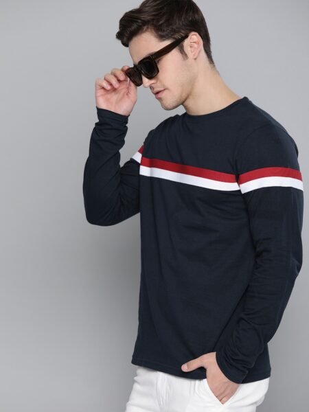 Men Navy Blue Red Striped Cotton Pure Cotton T-shirt